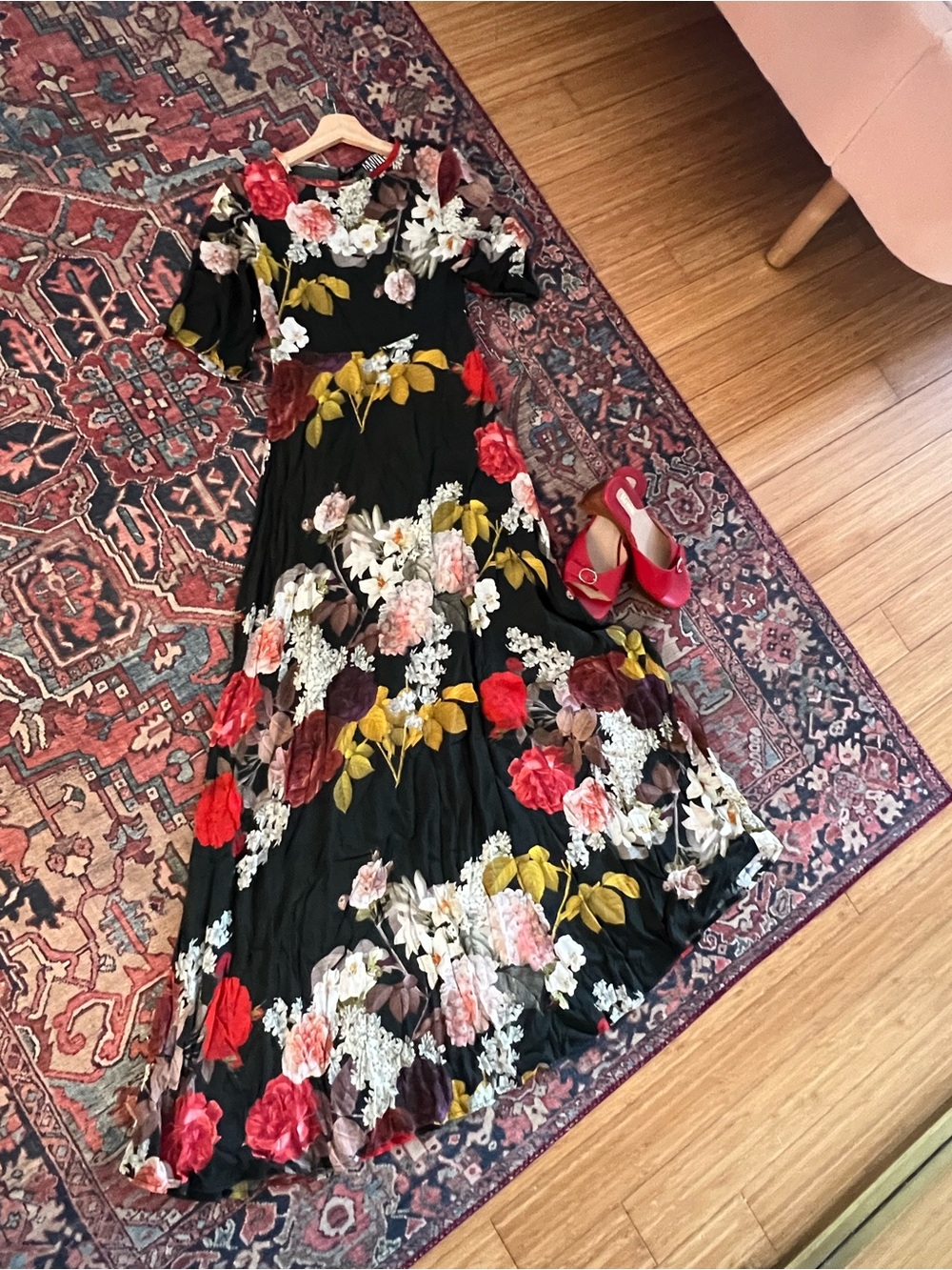 Italian Black Floral Maxi Dress with Red & Yellow Blooms